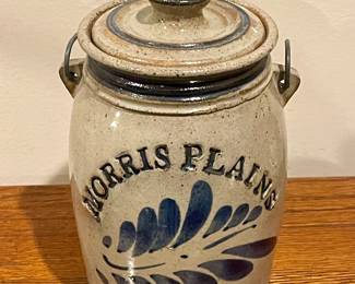 "MORRIS PLAINS, NJ" POTTERY CANISTER  WITH BALE HANDLE