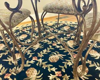WROUGHT IRON/WOOD/GLASS TABLE WITH 4 METAL CHAIRS WITH PINEAPPLE FABRIC