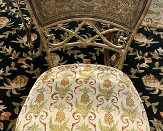 WROUGHT IRON/WOOD/GLASS TABLE WITH 4 METAL CHAIRS WITH PINEAPPLE FABRIC