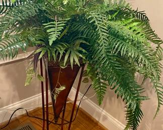 FAUX FERN IN TIN CONE VASE AND WROUGHT IRON STAND