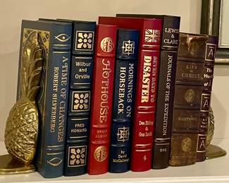 BRASS PINEAPPLE BOOKENDS, HARDBACK BOOKS