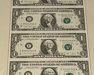 FRAMED/MATTED SHEET OF 4   $1 BILLS
