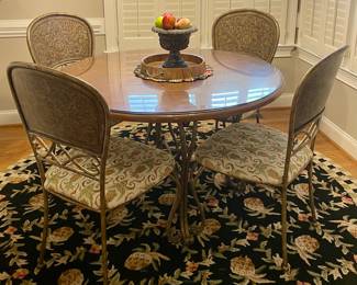 WROUGHT IRON/WOOD/GLASS TABLE WITH 4 METAL CHAIRS WITH PINEAPPLE FABRIC
