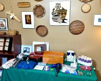 various woven baskets, cashmere cover, scarves, hot rollers, water pik, and more 