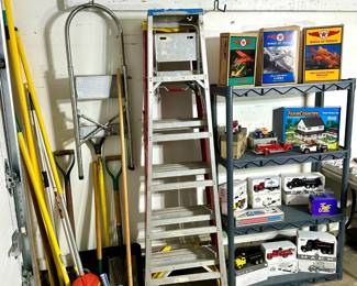 gardening tools, ladders, collectable cars