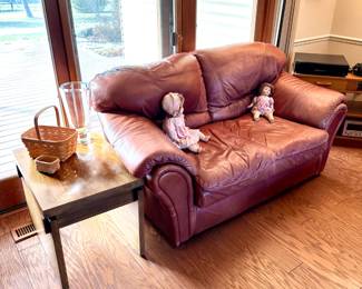 Lane end table, sienna love seat, antique dolls