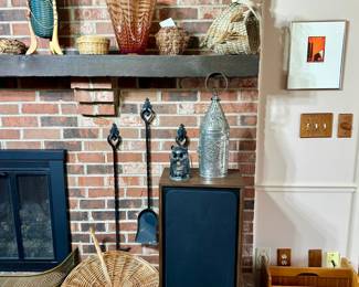 speakers, fireplace equipment, woven baskets, glass works