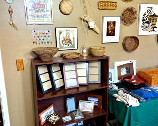 frames, bookshelf, woven baskets