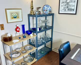 Vintage Fostoria, Jamestown salad plates, and Amber/peach, Hougland art class from New Zealand the Olympic millennium collection, handmade Kansas City Chiefs decanter and more