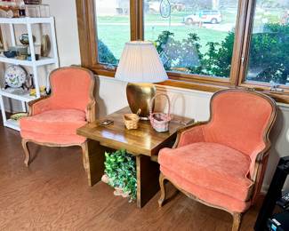 Two orange arm chairs, MCM Lane side table