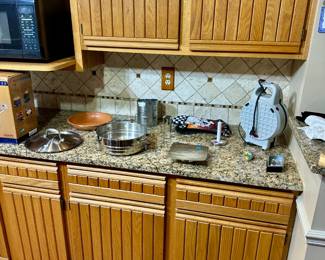 waffle maker, various cookware

