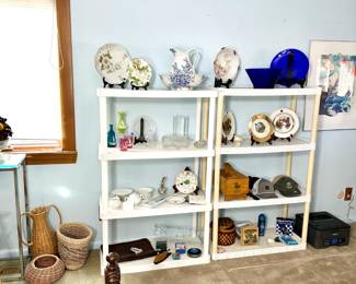 baskets, glassware, decorative plates, antique Mary Gregory decanter and cups