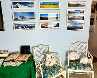 cane chairs and framed art