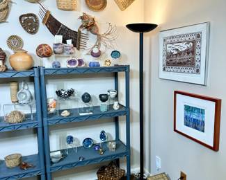 various decorative baskets and art