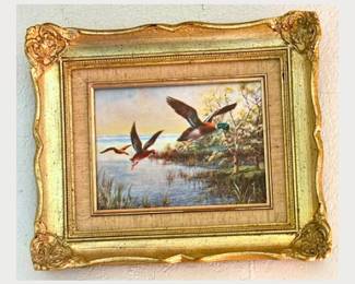 Original Vintage Art - wildlife duck painting with beautiful ornate gold wooden frame.