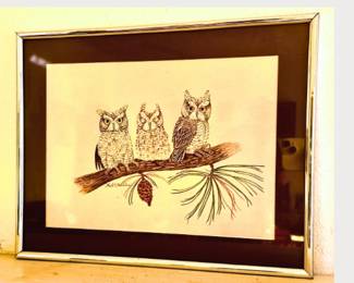 Original Vintage Art - Three Owls