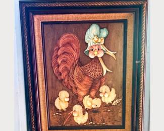 Adorable Vintage kitschy painting of a mother ben and her chicks