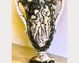 Vintage Victorian style porcelain vase with iridescent/oil spill carnival glaze coating.