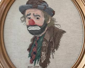 Signed Orley Leeson 1985 Hand-Stitched Needlepoint Clown Portrait – Framed Folk Art