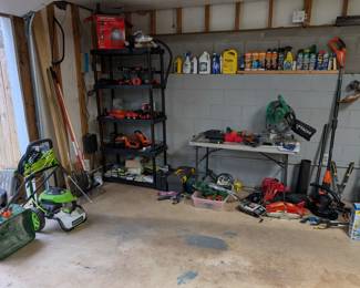 garage: pressure washer, power tools, shop vac, Black and Decker