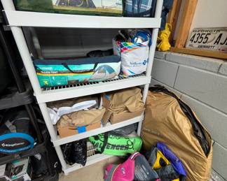 camping tents, inflatable kayak, canopy, life jackets 