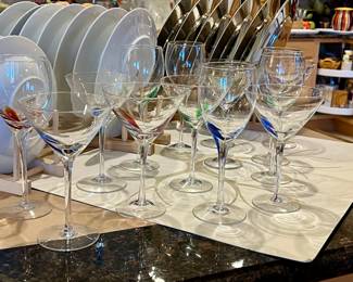 Hand blown Teardrop filament wine glasses - red, blue, green & purple - Wine, Martini, & Champagne glasses- Champagne glasses are not shown in this photo