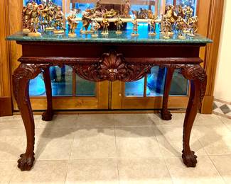 1 of 2 Matching console tables w/ green marble tops
