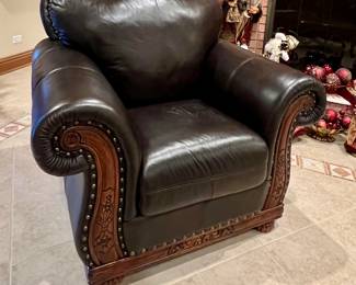 3pc Leather and wood couch, loveseat & side chair