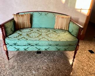 1 of 2 Matching Sheraton-style settee w/green damask upholstery