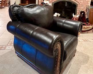 3pc Leather and wood couch, loveseat & side chair