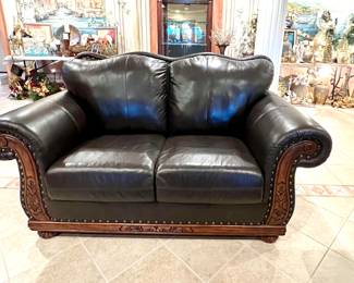 3pc Leather and wood couch, loveseat & side chair