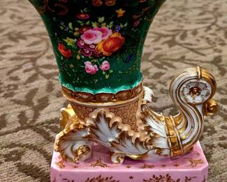 Pair of parcel gilt porcelain cornucopia vases. Mid 19th c. French. Made by Jacob Petit (1796 – 1868). Maker’s marks: inscribed “J P” in blue on the base