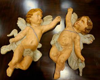 Early cherubs, 18th c, wooden carved and painted. Swoon worthy