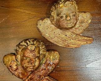 Small Set of 2 painted wood cherub heads baroque, French