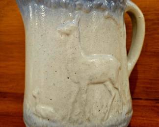 Bruch-Mcoy 1910 stoneware pitcher, blue and white salt glaze, 8.5" tall