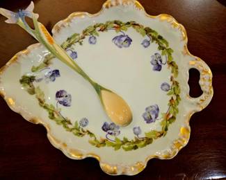 Limoges catch all dresser tray, violet hand painted w gold leaf