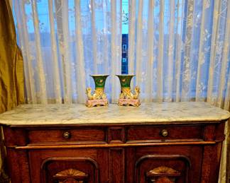 Marble top buffet sideboard. French 19th c.  36" T, 58.5" W, 21.75" deep. Carved Walnut. 