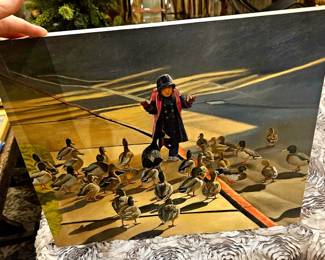 Original art, painting child feeding ducks by Thu Nguyen