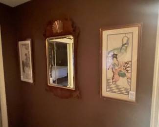 Shell mirror, two of a four piece set of framed art