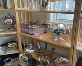 Blenlo and other decanters, crystal barware, antique silver-plated tea service