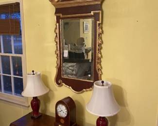 Drop leaf table, one of three mirrors, small clock, lighting