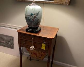 Antique sewing cabinet, porcelain lamp