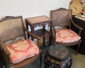 French cane arm chairs, quartz top table, small inlaid table
