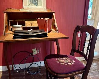 Circa 1900 Golden Oak lady's writing desk and Eastlake (-ish) side chair with a needlepoint seat
