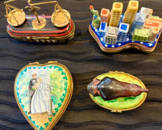 Limoges trinket boxes, including elaborate "lawyer" box (upper L)