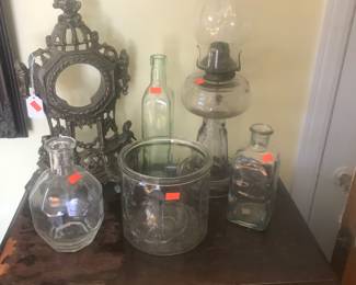 Hurricane lamp and vintage bottles!
