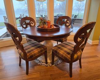 4 CHAIRS AND GREAT PEDESTAL TABLE. LEAF AVAILABLE 