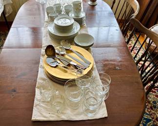 Antique Oval Dining Table w/ extension leaves & pads, 6 chairs (Windsor-style beauties), and a gorgeous Persian wool rug beneath