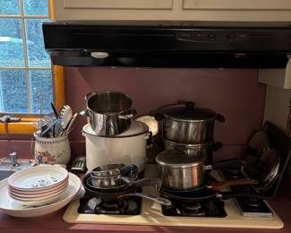 Pasta bowl set, vintage cooking pots & pans, utensils, etc