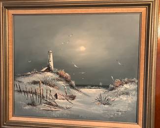 Original Signed/Framed Canvas Painting (lighthouse/shore theme) signed by "Henderson"